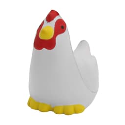 A white stress chicken with a red comb and yellow feet, featuring a simple design. It has a branding logo.