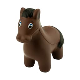 A brown stress horse with a black mane, featuring friendly blue eyes and a simplistic design. It has a logo on its side.
