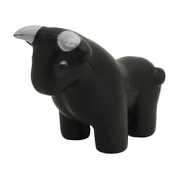 A black stress relief bull figurine with a smooth finish, featuring white accents on the horns.