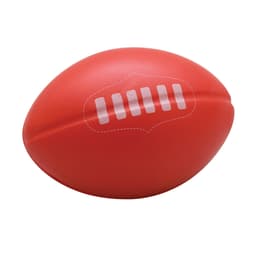 A red stress ball shaped like a football with white detailing and a logo on one side.