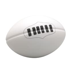 A white stress footy with black detailing and a logo on its surface, ideal for stress relief and fun.