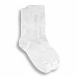 A pair of white lounge socks with a ribbed texture and rounded toes. The socks feature a branding logo.