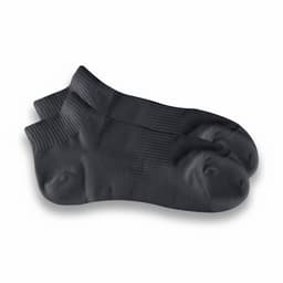 A pair of black ankle grip socks with ribbed texture and a snug fit, featuring a logo.