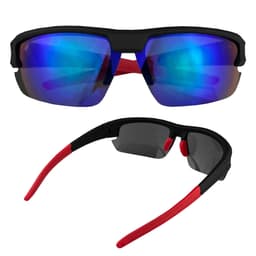 Logan Shield sunglasses with black frames and mirrored blue lenses, featuring red accents on the arms.