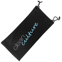 A black microfiber pouch with a drawstring closure and a logo in blue text.