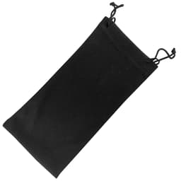 A black microfiber pouch with drawstring closures and a simple design. It includes a logo.