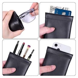 A black PU pouch with various items, including sunglasses, a phone, and cosmetics, held in hand. It features a branding logo.