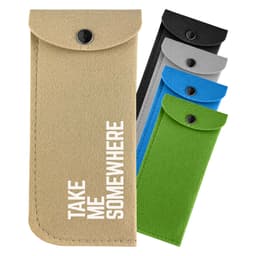 A collection of felt pouches in beige, black, grey, blue, and green, featuring a snap closure and a logo.