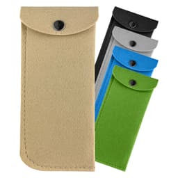 A selection of felt pouches in beige, black, grey, blue, and green, featuring a snap button closure and branding.