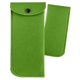 A green felt pouch with a snap closure and a separate flap. It features sewn edges and has a logo.