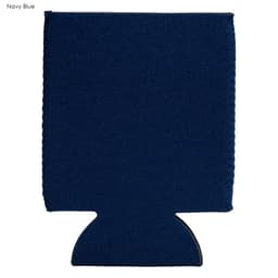 A navy blue neoprene stubby cooler with a logo, designed to hold drink bottles.