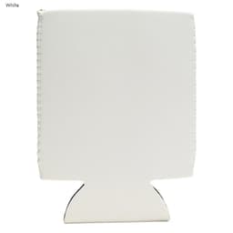 A white neoprene stubby cooler with a simple design and a logo. Ideal for keeping drinks cold.