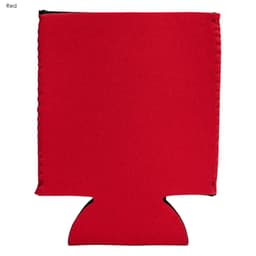 A red neoprene stubby cooler with black stitching. Features an integrated base and includes a logo.