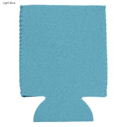 A light blue neoprene stubby cooler with a stitched edge and a cut-out base, featuring a logo.