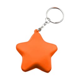 An orange star-shaped stress key ring with a metal chain and keyring attachment.