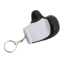 A black and white stress glove key ring attached to a metal chain. It features a glove design.