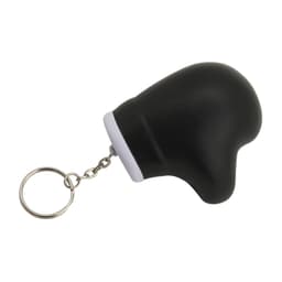 A black stress glove key ring with a metallic chain attachment. The item is shaped like a glove.
