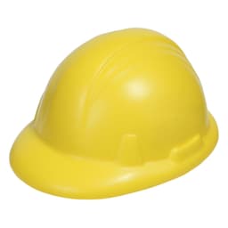 A yellow stress relief hard hat featuring a smooth design and a logo. Suitable for fun and games.