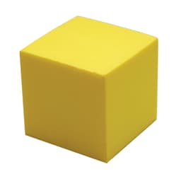 A yellow stress cube with a smooth surface, featuring a logo on one side.