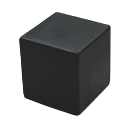 A black stress cube with a smooth, soft texture and rounded edges. It features a logo on one side.