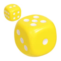 A pair of yellow stress dice, one larger and one smaller, featuring white dots on each face.