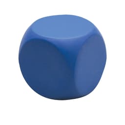 A blue stress round cube with a smooth, rounded surface and a simple design. It features a logo.