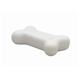 A white stress relief toy shaped like a dog bone, with a smooth, rounded design. It features a logo on the side.