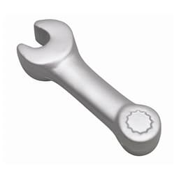A silver stress spanner shaped like a wrench, featuring a round detailing at one end and an open end at the other.