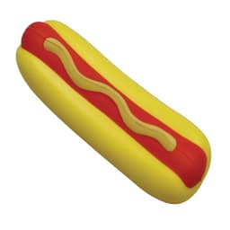 A stress shape in the form of a hot dog, featuring yellow, red, and a squiggly beige line. It has a logo.