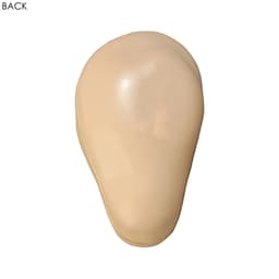 A beige stress relief shape resembling an ear, featuring a smooth surface and an unspecified logo.