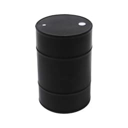 A black stress oil drum featuring a cylindrical shape with two circular details on top and a branded logo.