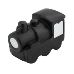 A black stress toy in the shape of a steam train, featuring simple wheels and a smooth surface.