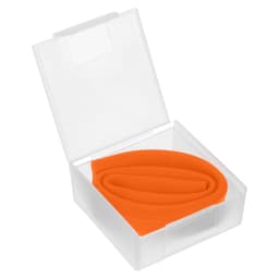 An orange silicone straw inside a clear plastic case. The case is rectangular with a hinged lid.