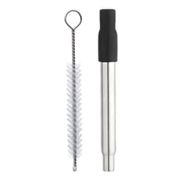 A retractable metal straw in silver, accompanied by a cleaning brush with a looped end.