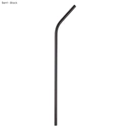 A black stainless steel straw, bent, measuring 6mm x 215mm. The straw features a logo.