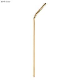 A bent stainless steel drinking straw in gold, measuring 6mm x 215mm, with a logo present.