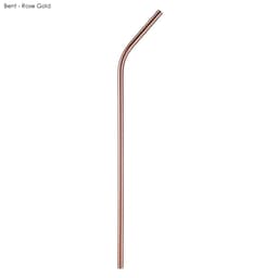 A rose gold stainless steel bent straw, measuring 6mm x 215mm, with a simple design and branding.