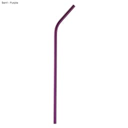 A bent stainless steel straw in purple, measuring 6mm x 266mm, with a shiny finish and a logo.