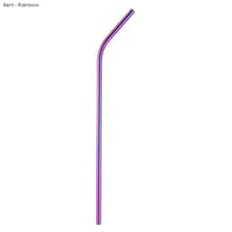 A rainbow-coloured stainless steel straw, bent design, measuring 6mm x 266mm, with a small logo visible.
