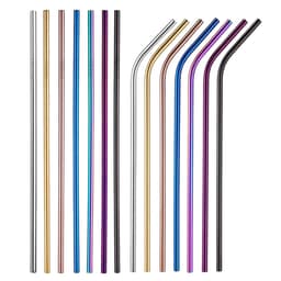 A set of stainless steel drinking straws in various colours, including silver, purple, gold, and black, with different styles.