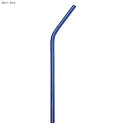A blue stainless steel straw, bent design, measuring 8mm x 215mm, featuring a simple logo.