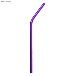 A purple stainless steel straw, bent design, measuring 8mm x 215mm, with a logo displayed.
