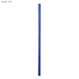 A blue stainless steel straw, measuring 8mm x 215mm, features a sleek, straight design and includes a logo.