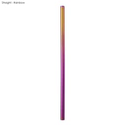 A stainless steel drinking straw in a rainbow finish, straight design. It features a logo at the top.