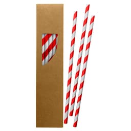 A pack of three red and white striped paper straws in a brown cardboard box with a cut-out window.