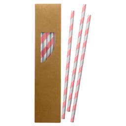 A box containing pink and white striped paper straws, with three straws visible through a window in the packaging.