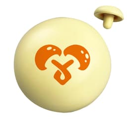 A yellow stress ball shaped like a mushroom, featuring an orange graphic on its surface and a smaller mushroom piece.