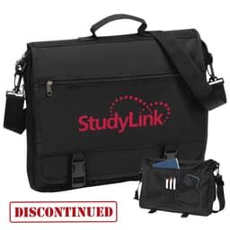 A black briefcase with a shoulder strap, featuring an exterior pocket and an interior compartment. It has a logo.