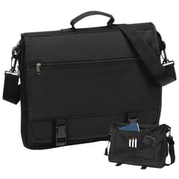 A black briefcase with a shoulder strap, featuring multiple compartments and a branded logo.