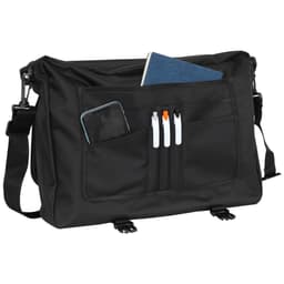 A black briefcase featuring multiple pockets, a notebook, pens, and a smartphone visible in the front.